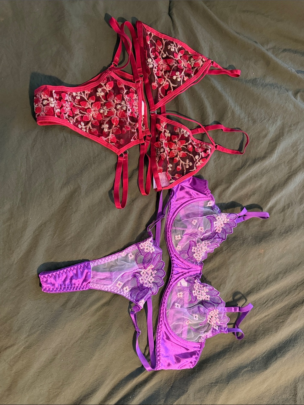 Red Floral Lace Bralette & Purple Embroidered Bra Set - Women's Intimates